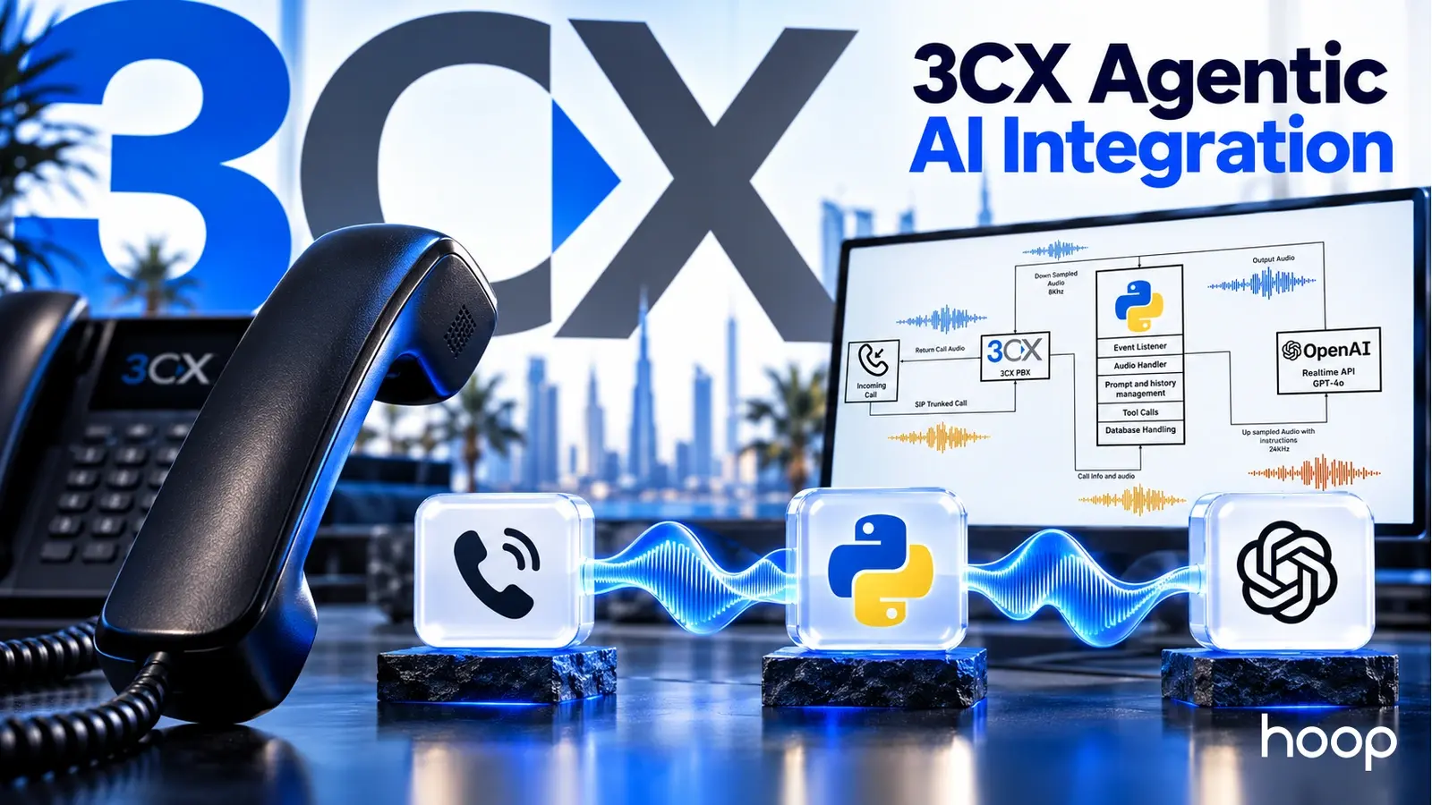 3CX Call Control API with OpenAI Realtime Agent: architecture diagram showing the FastAPI backend bridging 3CX PBX and OpenAI GPT-4o, alongside a live AI Voice Agent Dashboard