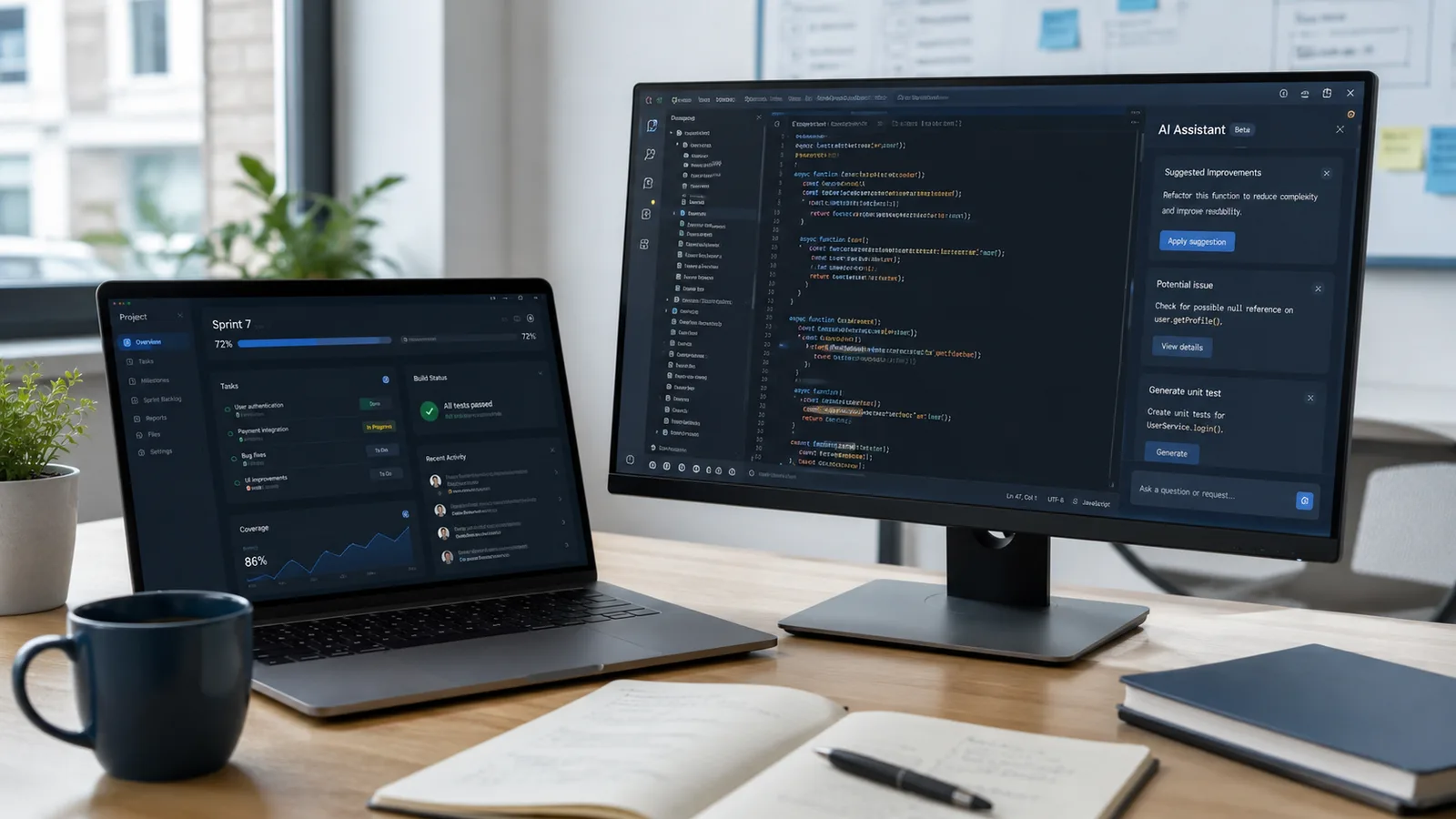 Developer desk with a laptop showing a sprint dashboard and a monitor showing a code editor with an AI assistant panel