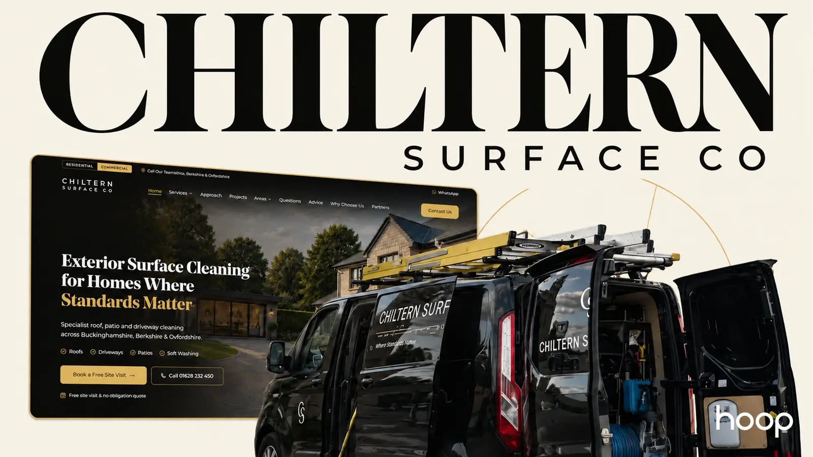 Chiltern Surface Co brand banner showing the new residential website on a laptop beside a Chiltern Surface Co branded van with ladders on the roof